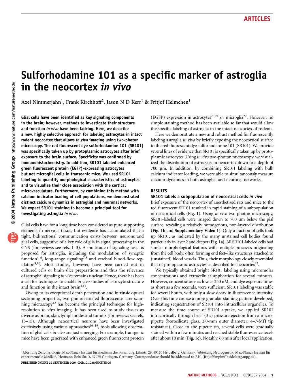 Sulforhodamine 101 As a Specific Marker of Astroglia in the Neocortex in Vivo