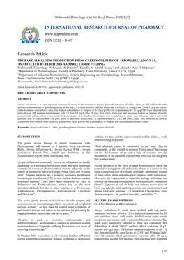 Tropane Alkaloids Production from Callus Culture of Atropa Belladonna L