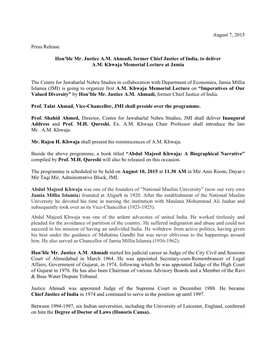 August 7, 2015 Press Release Hon'ble Mr. Justice A.M. Ahmadi