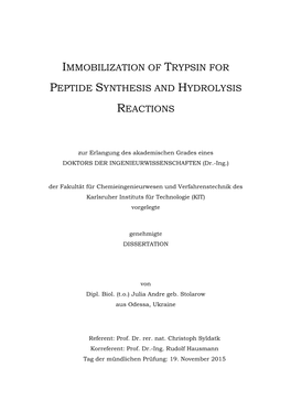 Immobilization of Trypsin for Peptide Synthesis and Hydrolysis Reactions