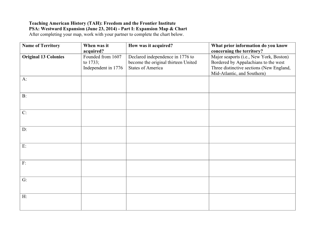 Westward Expansion (June 23, 2014) - Part I: Expansion Map & Chart After Completing Your Map, Work with Your Partner to Complete the Chart Below