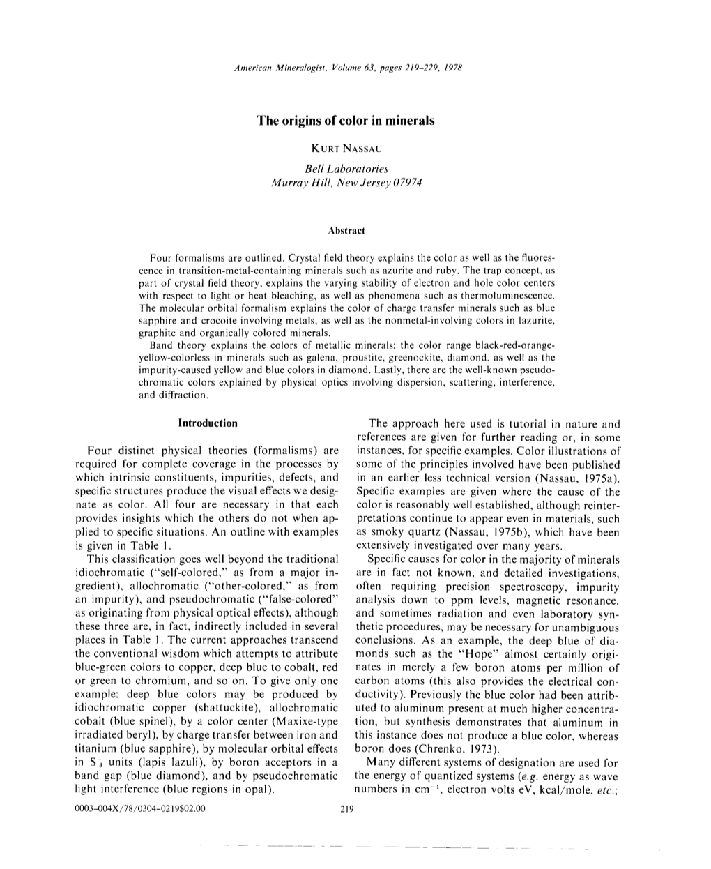 The Origins of Color in Minerals Four Distinct Physical Theories