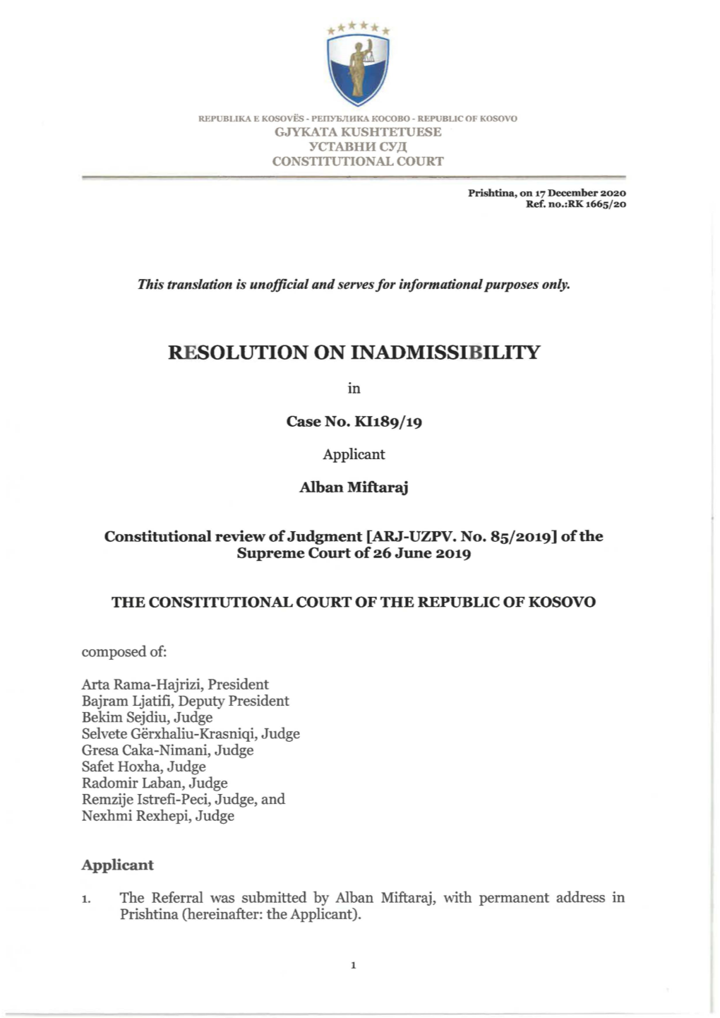 Resolution on Inadmissibility