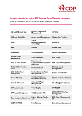 Investor Signatories to the CDP Science Based Targets Campaign a Total of 137 Investors with $19.43 Trillion of Assets Backed This Campaign