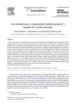 An Introduction to Exponential Random Graph (P*) Models for Social Networks