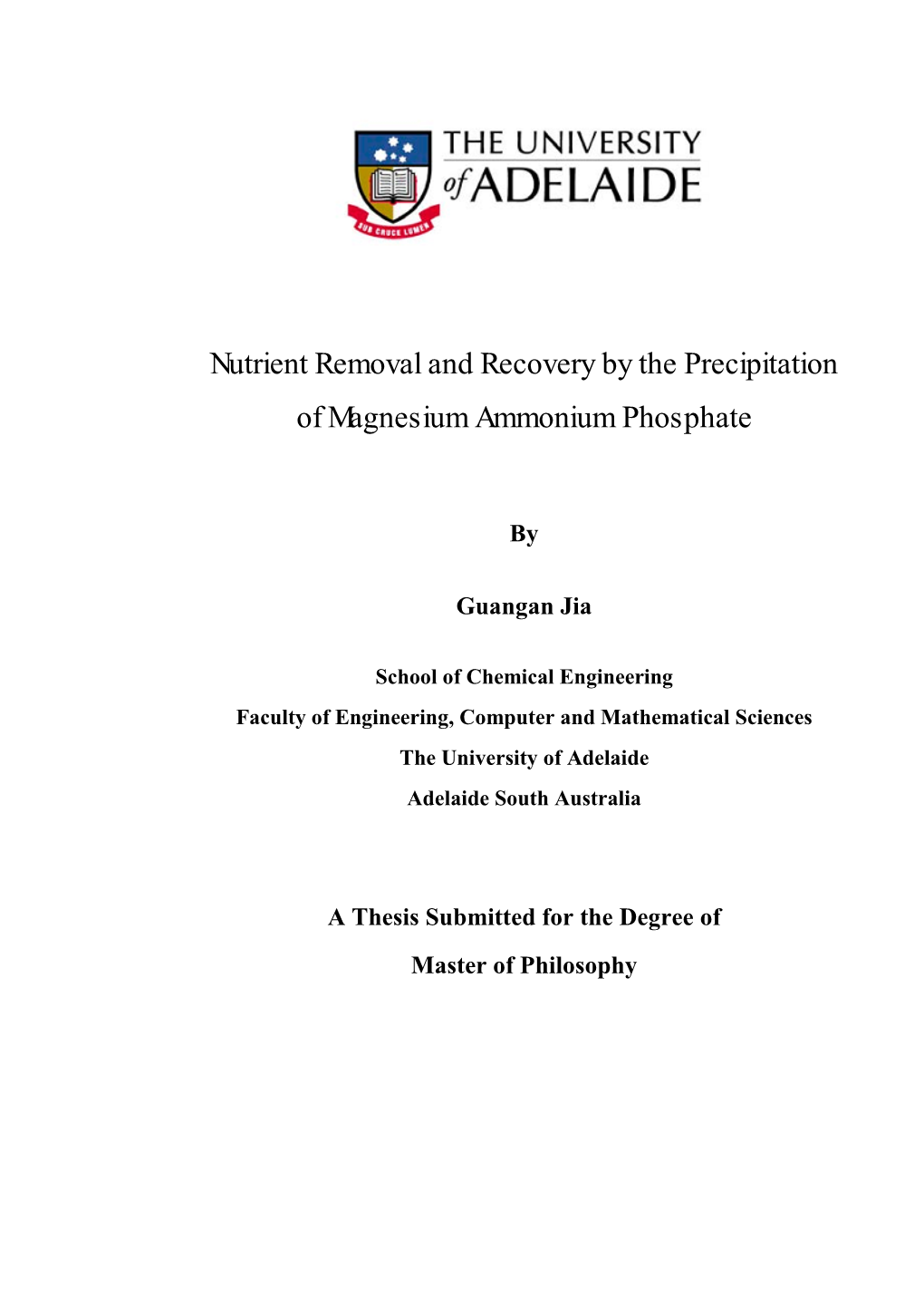 Nutrient Removal and Recovery by the Precipitation of Magnesium Ammonium Phosphate