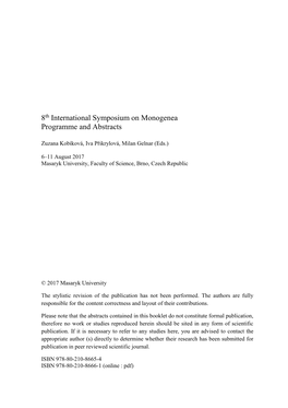 8Th International Symposium on Monogenea Programme and Abstracts