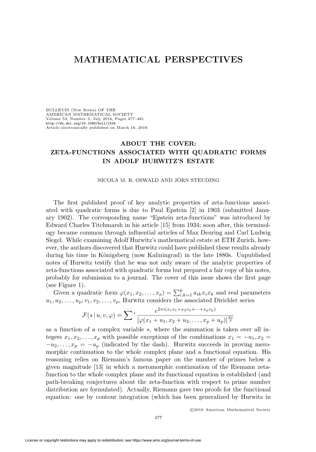 Zeta-Functions Associated with Quadratic Forms in Adolf Hurwitz's Estate