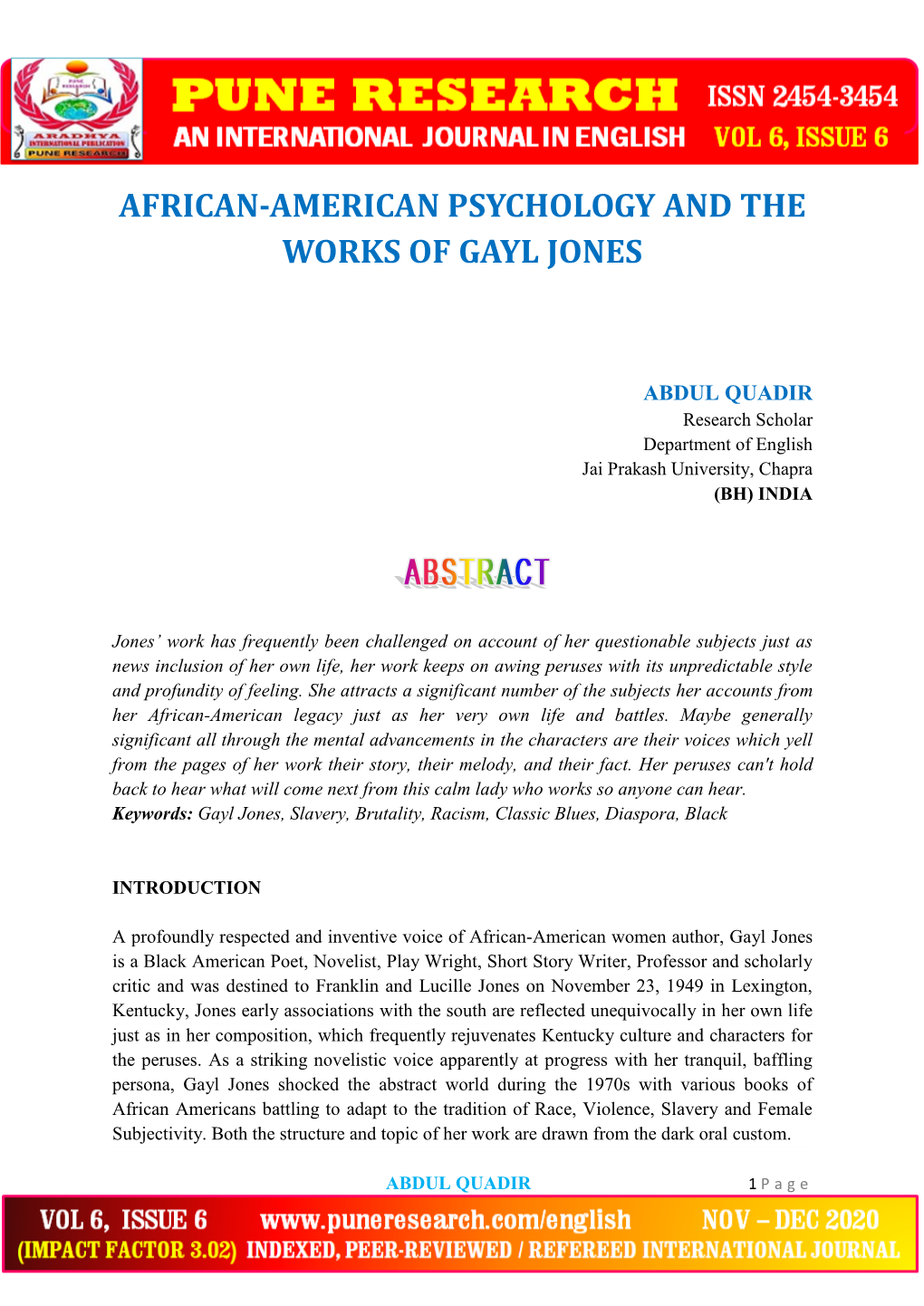 African-American Psychology and the Works of Gayl Jones