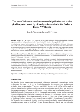 The Use of Lichens to Monitor Terrestrial Pollution and Ecolo- Gical Impacts Caused by Oil and Gas Industries in the Pechora Basin, NW Russia