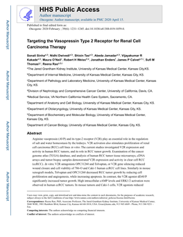 Targeting the Vasopressin Type 2 Receptor for Renal Cell Carcinoma Therapy