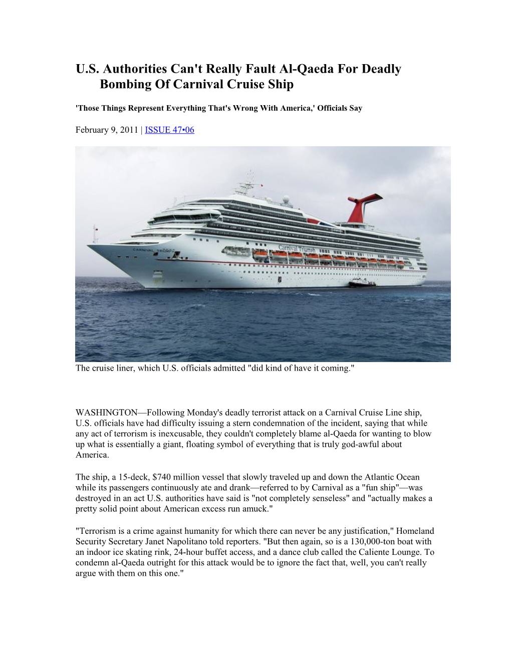 U.S. Authorities Can't Really Fault Al-Qaeda for Deadly Bombing of Carnival Cruise Ship