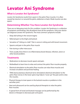 Levator Ani Syndrome What Is Levator Ani Syndrome? Levator Ani Syndrome Results from Spasm in the Pelvic Floor Muscles