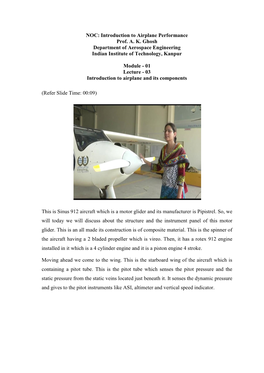 Introduction to Airplane Performance Prof. AK Ghosh Department Of