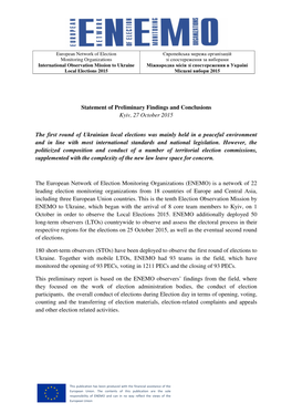 Statement of Preliminary Findings and Conclusions Kyiv, 27 October 2015