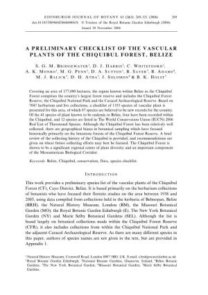 A Preliminary Checklist of the Vascular Plants of the Chiquibul Forest, Belize