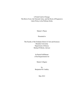 A Postal Card to Chicago: the Role of Law, the National Army, and the Roots of Progressive Labor Policy in the Pullman Strike