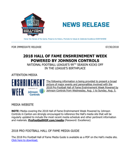 2018 Hall of Fame Enshrinement Week Powered by Johnson Controls National Football League’S 99Th Season Kicks Off in the League’S Birthplace