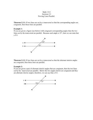 Math 1312 Sections 2.3 Proving Lines Parallel. Theorem 2.3.1: If Two Lines