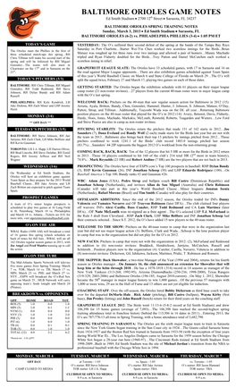 BALTIMORE ORIOLES GAME NOTES Ed Smith Stadium  2700 12Th Street  Sarasota, FL 34237