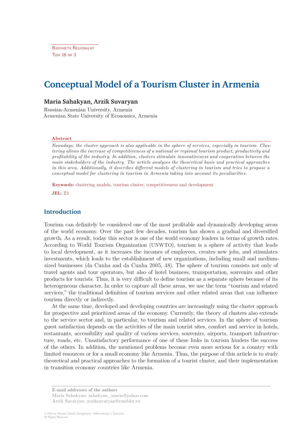 Conceptual Model of a Tourism Cluster in Armenia
