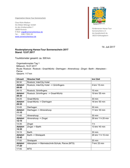 14. Juli 2017 Routenplanung Hanse-Tour Sonnenschein 2017 Stand: 12.07.2017