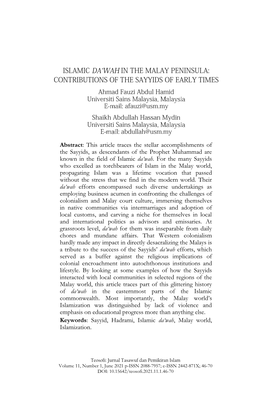 Abstract: This Article Traces the Stellar Accomplishments of the Sayyids, As Descendants of the Prophet Muhammad Are Known in the Field of Islamic Da‘Wah