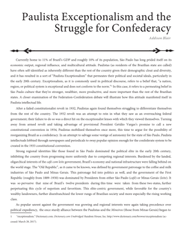 Paulista Exceptionalism and the Struggle for Confederacy Addison Blair