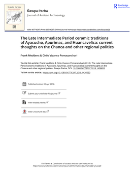 The Late Intermediate Period Ceramic Traditions of Ayacucho, Apurimac, and Huancavelica: Current Thoughts on the Chanca and Other Regional Polities