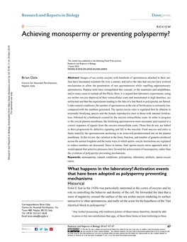 Achieving Monospermy Or Preventing Polyspermy? Open Access to Scientific and Medical Research DOI