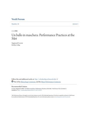 Un Ballo in Maschera: Performance Practices at the Met Siegmund Levarie Brooklyn College