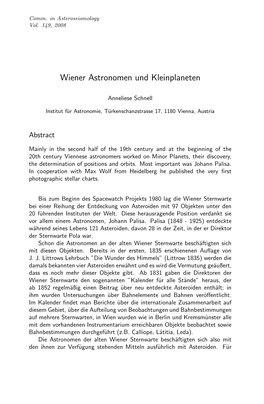 Wiener Astronomen Und Kleinplaneten