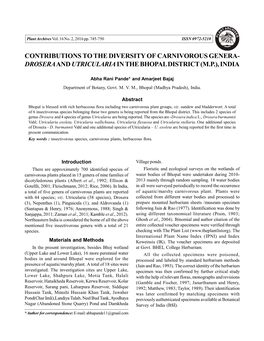 Contributions to the Diversity of Carnivorous Genera- Drosera and Utricularia in the Bhopal District (M.P.), India