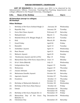 PANJAB UNIVERSITY, CHANDIGARH LIST of HOLIDAYS for the Calendar Year 2021 to Be Observed by the Administrative Offices, Universi