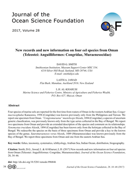 New Records and New Information on Four Eel Species from Oman (Teleostei: Anguilliformes: Congridae, Muraenesocidae)