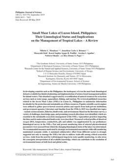 Small Maar Lakes of Luzon Island, Philippines: Their Limnological Status and Implications on the Management of Tropical Lakes – a Review