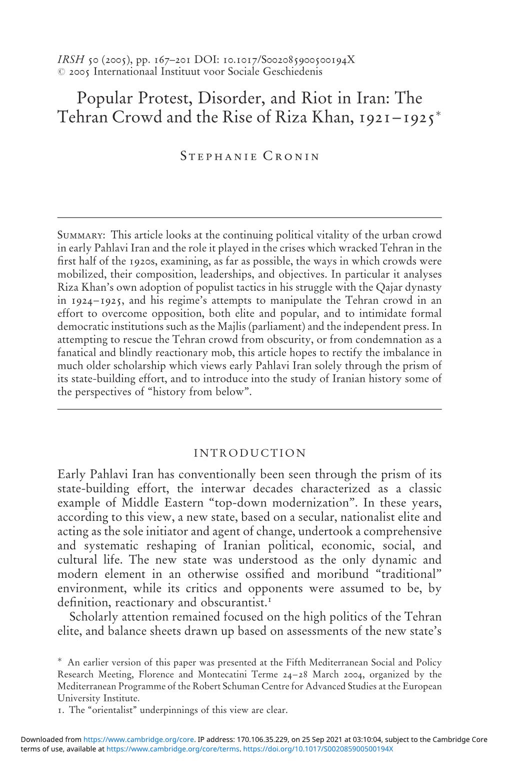 Popular Protest, Disorder, and Riot in Iran: the Tehran Crowd and the Rise of Riza Khan, 1921–1925Ã