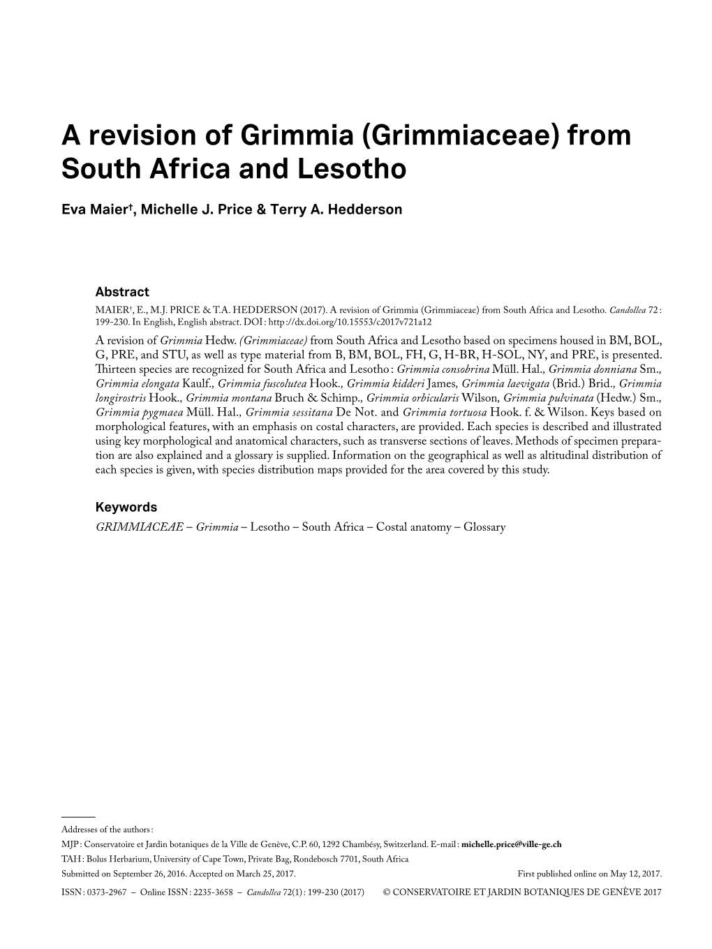 A Revision of Grimmia (Grimmiaceae) from South Africa and Lesotho
