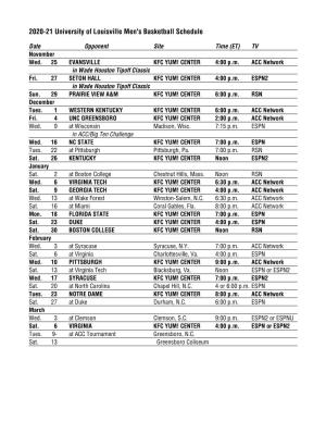 2020-21 University of Louisville Men's Basketball Schedule