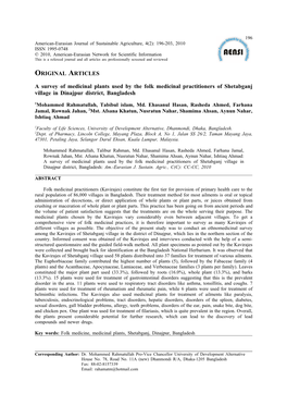 A Survey of Medicinal Plants Used by the Folk Medicinal Practitioners of Shetabganj Village in Dinajpur District, Bangladesh