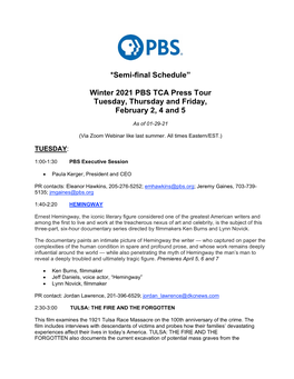 Semi-Final Schedule” Winter 2021 PBS TCA Press