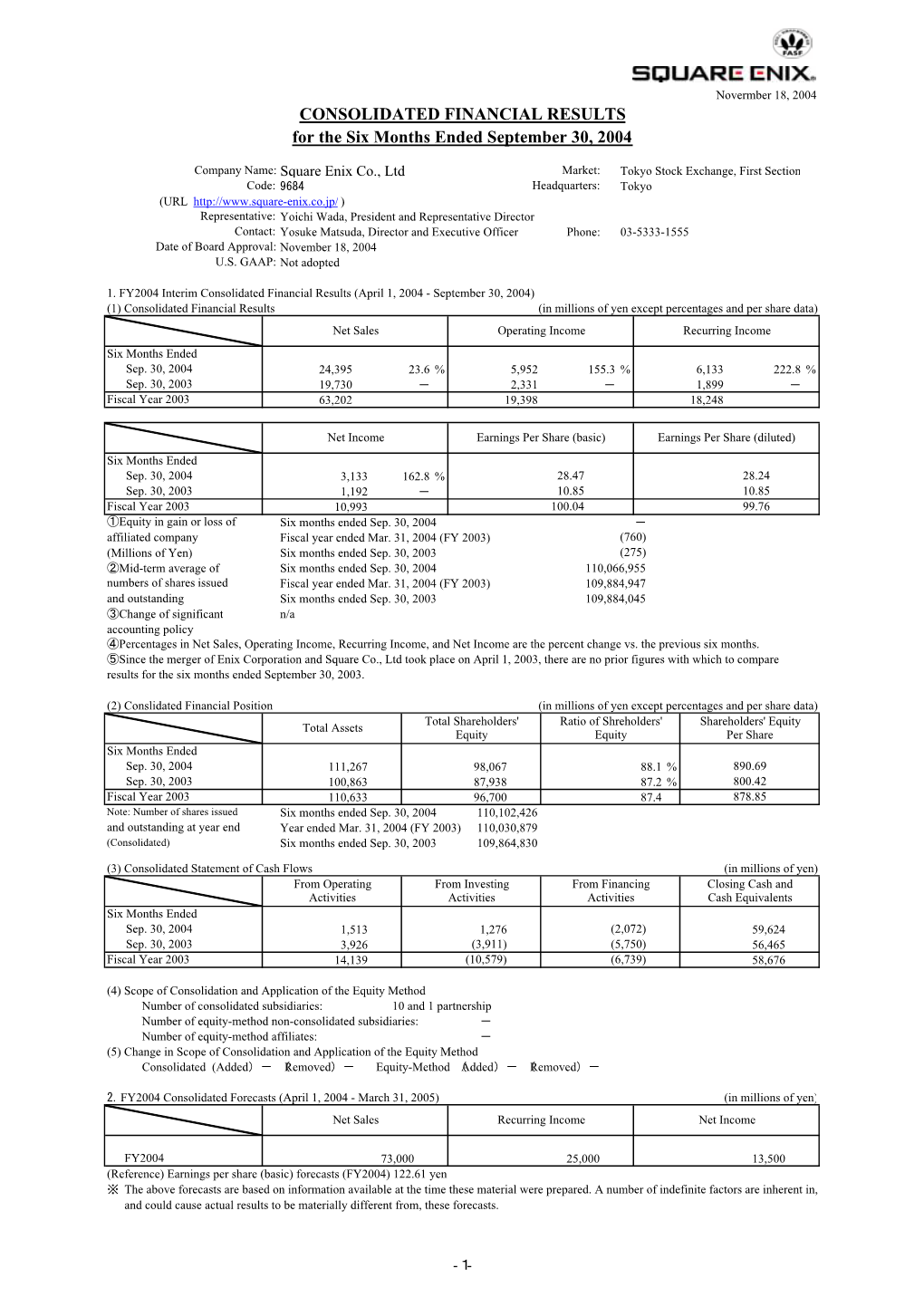 CONSOLIDATED FINANCIAL RESULTS for the Six Months Ended September 30, 2004