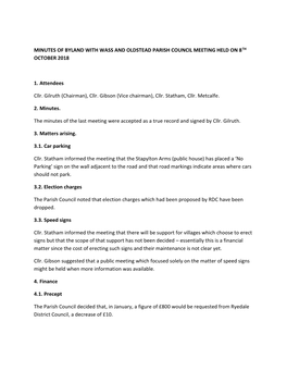 Minutes of Byland with Wass and Oldstead Parish Council Meeting Held on 8Th October 2018