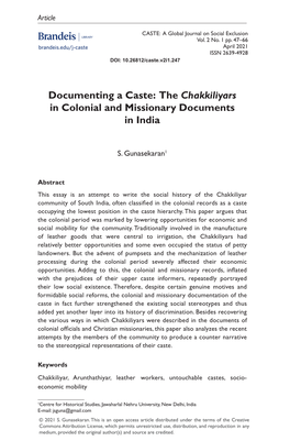 Documenting a Caste: the Chakkiliyars in Colonial and Missionary Documents in India