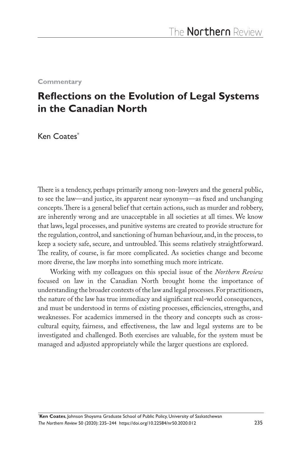 Reflections on the Evolution of Legal Systems in the Canadian North