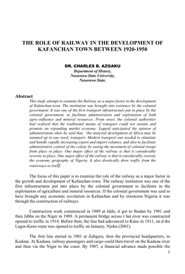 The Role of Railway in the Development of Kafanchan Town Between 1920-1950