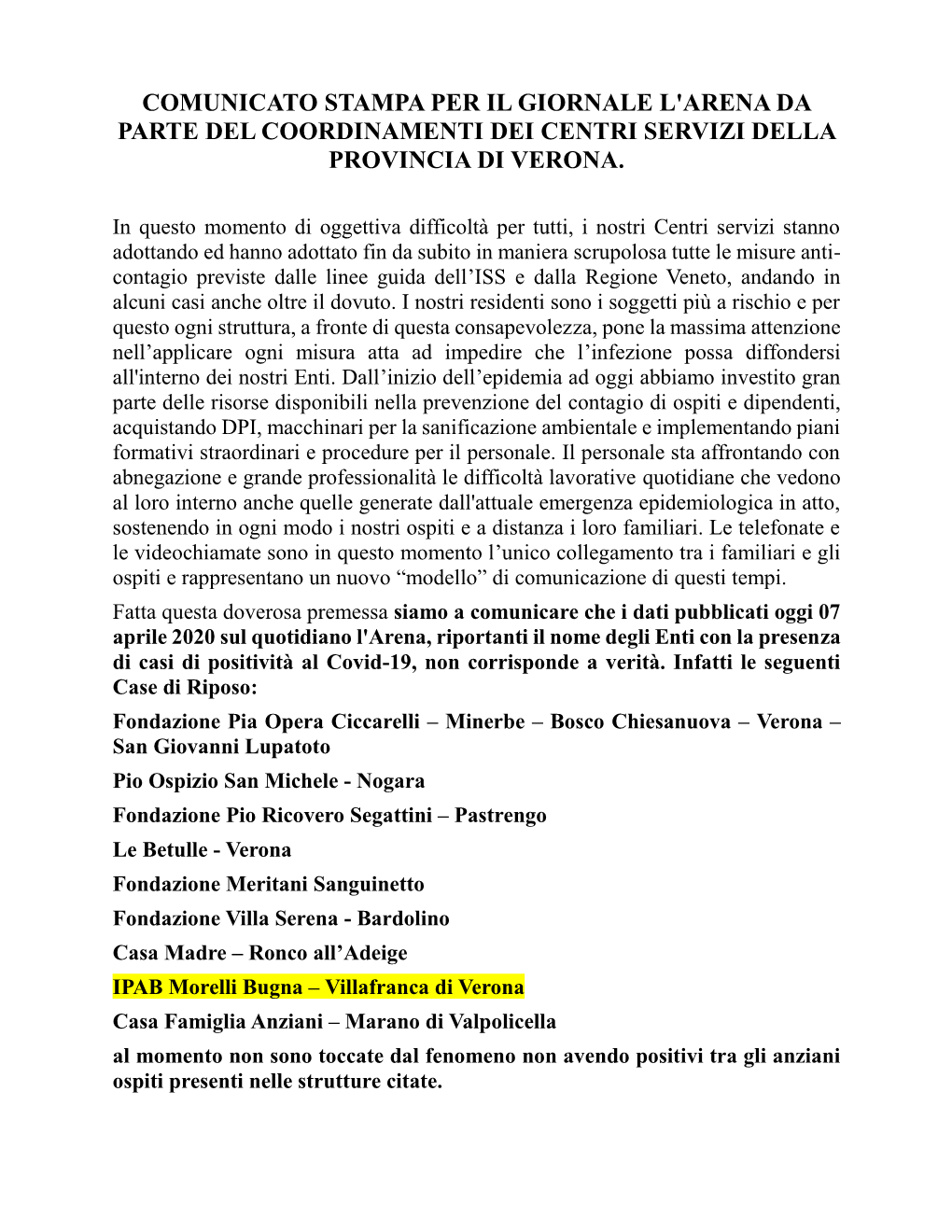 Comunicato Stampa Per Il Giornale L'arena Da Parte Del Coordinamenti Dei Centri Servizi Della Provincia Di Verona