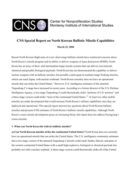 CNS Special Report on North Korean Ballistic Missile Capabilities