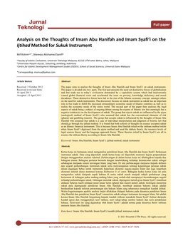 Analysis on the Thoughts of Imam Abu Hanifah and Imam Syafi'i on The