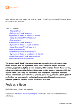 Synonyms and Related Words. What Is Another Word for PEAK?